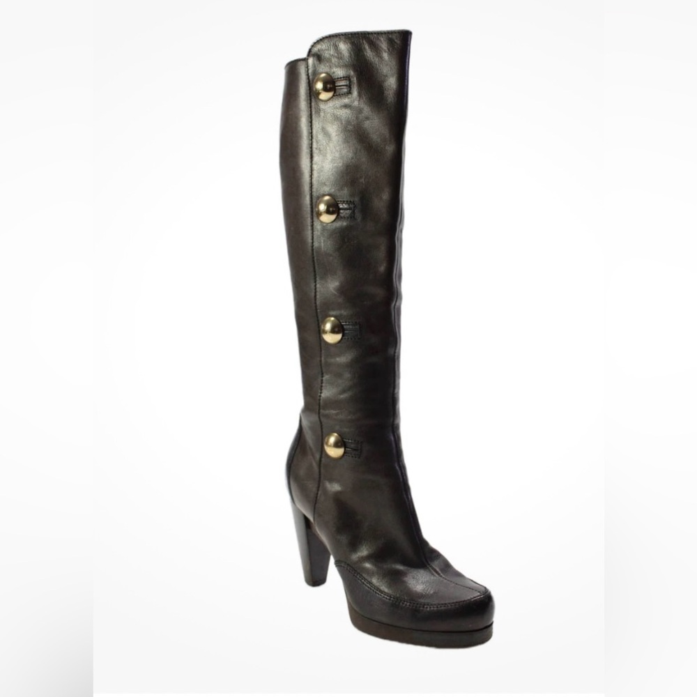Fendi Chocolate Heeled Boots with Gold Buttons